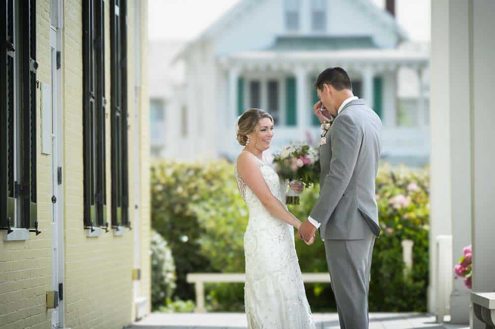 Emotional Groom at the first look at Congress Hall wedding venue in Cape May NJ