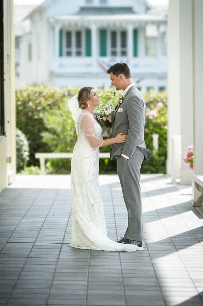 Bride and Groom first look outside Congress Hall wedding venue