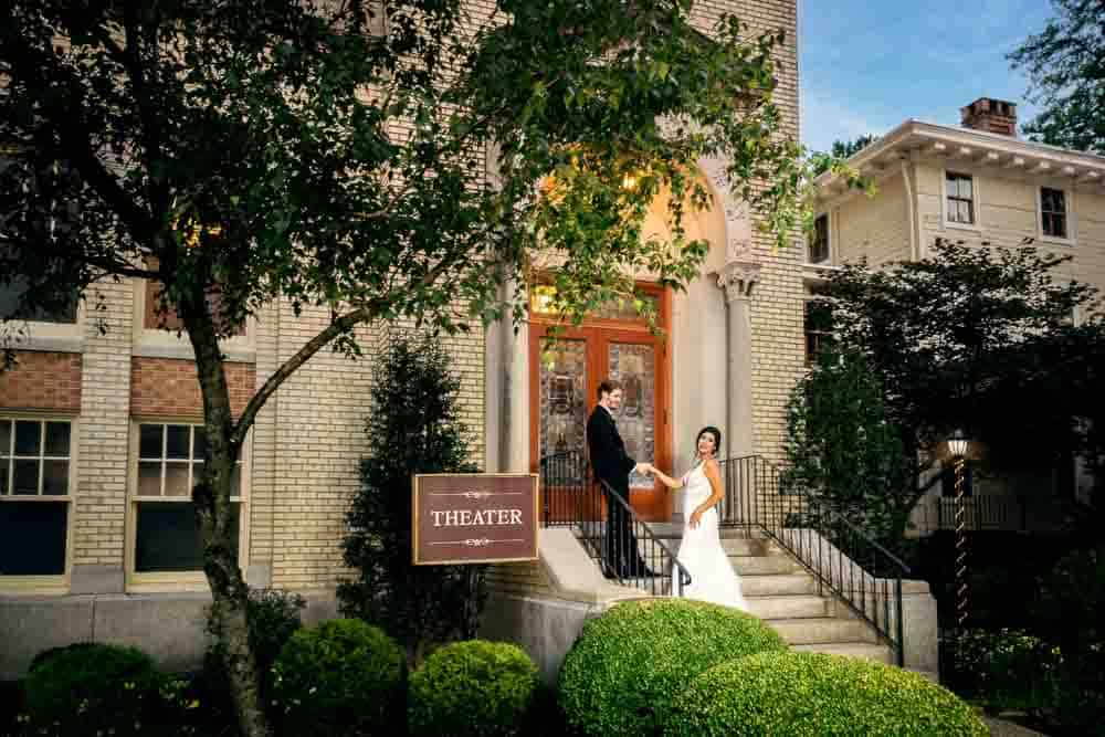 Matt and Alan in front the Scottish Rite Theater at the Collingswood Grand Ballroom Wedding.