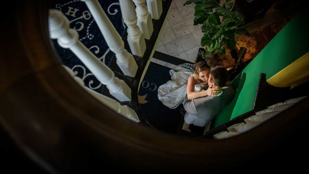 Bride and Groom embracing at Congress Hall in Cape May NJ