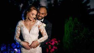 Evening wedding photo with Giancarlo and Marykate in the garden outside Bogeys in Sewell NJ